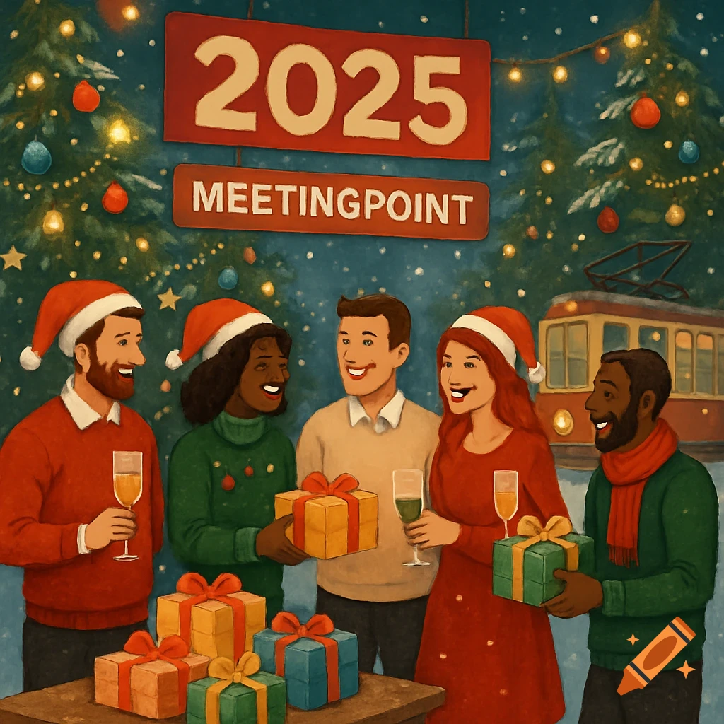 Diverse friends in Santa hats exchange gifts at a festive Christmas celebration with '2025' and 'MEETINGPOINT' signs, decorated trees, and a tram.