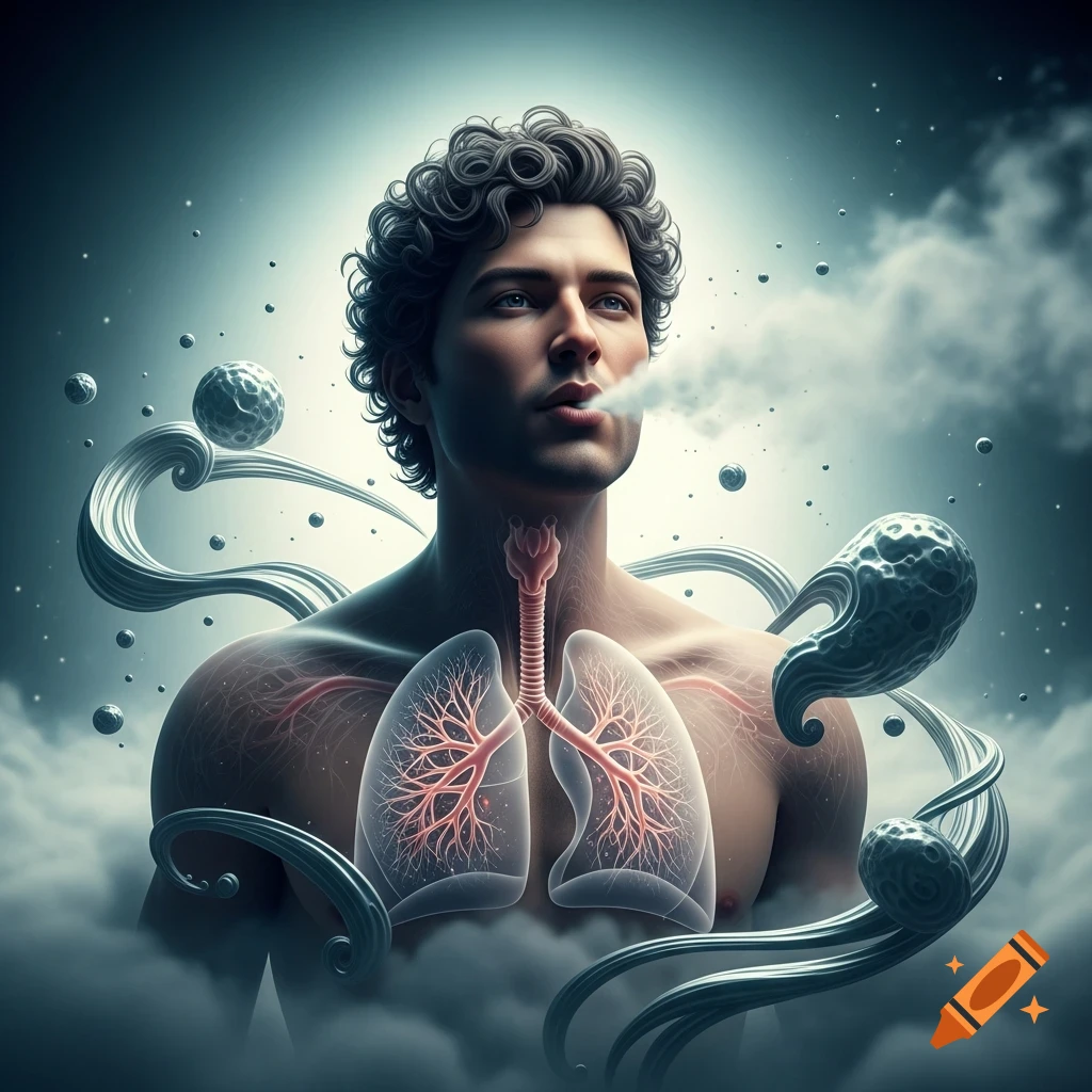 A man blowing smoke, his transparent chest revealing glowing lungs and trachea amidst abstract shapes and clouds, in a 3D medical illustration.