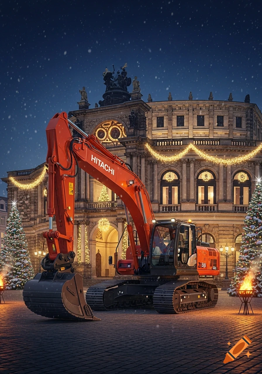A red Hitachi ZX210 excavator parked in front of the illuminated Semperoper Dresden, adorned with Christmas lights and trees under a snowy night sky.