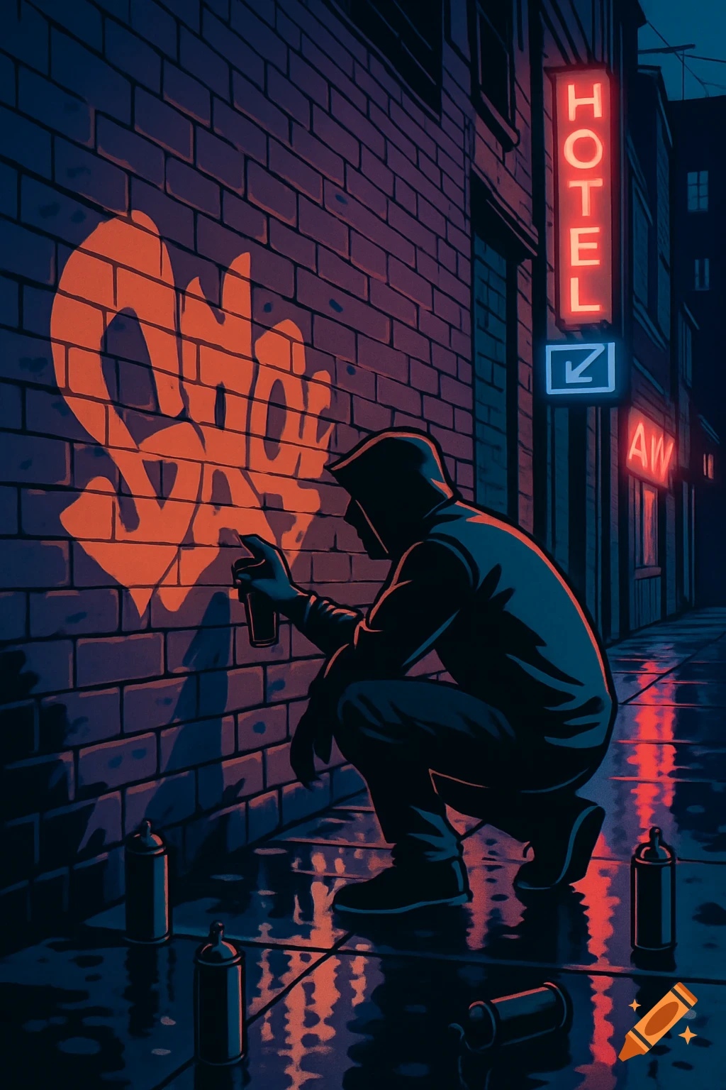 A person in a hooded sweatshirt spray-painting graffiti on a brick wall in a dark, wet urban alley with neon signs reflecting, in a graphic novel style.