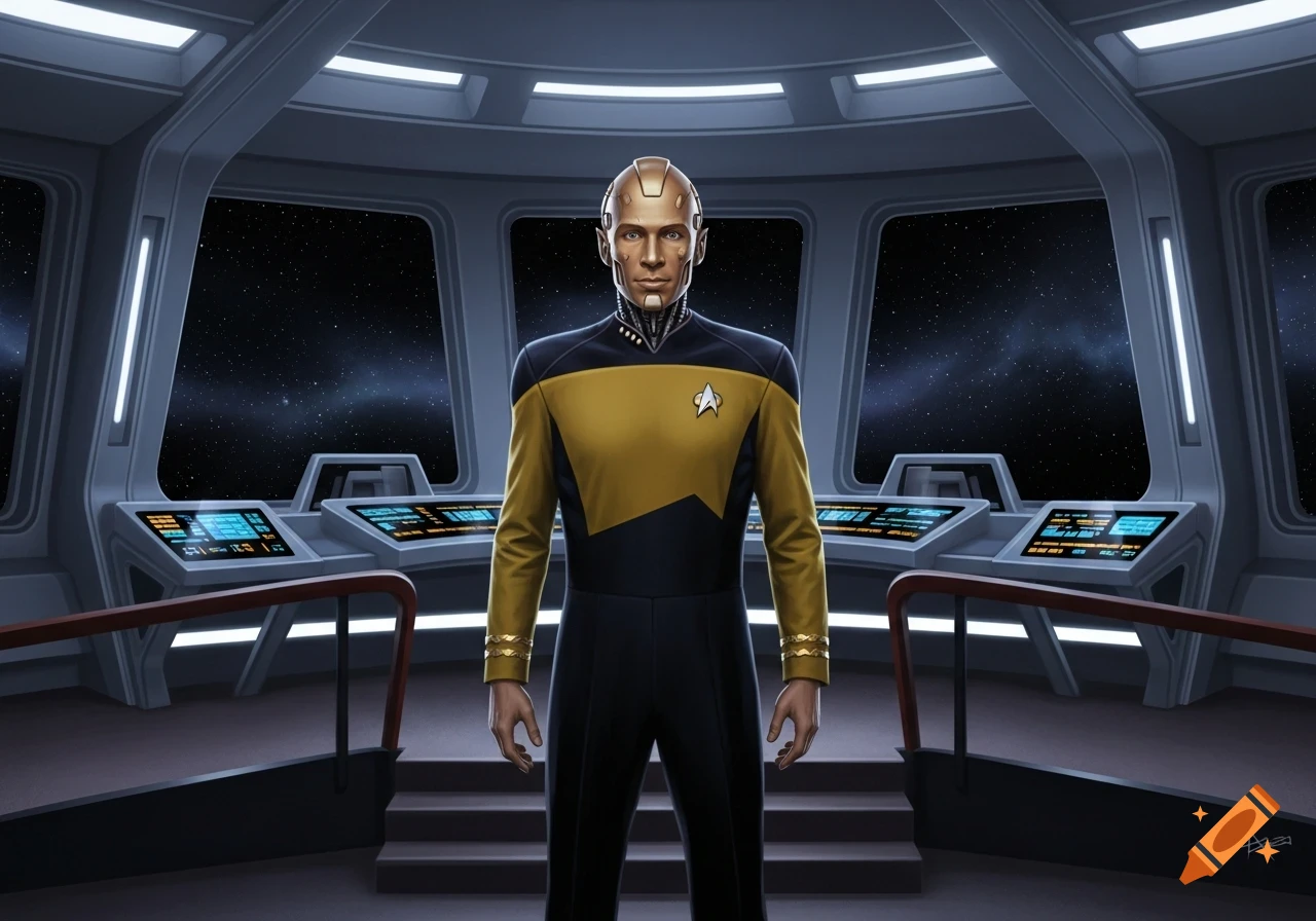 A portrait of Commander Data in his Starfleet uniform, standing on a spaceship bridge with stars visible.