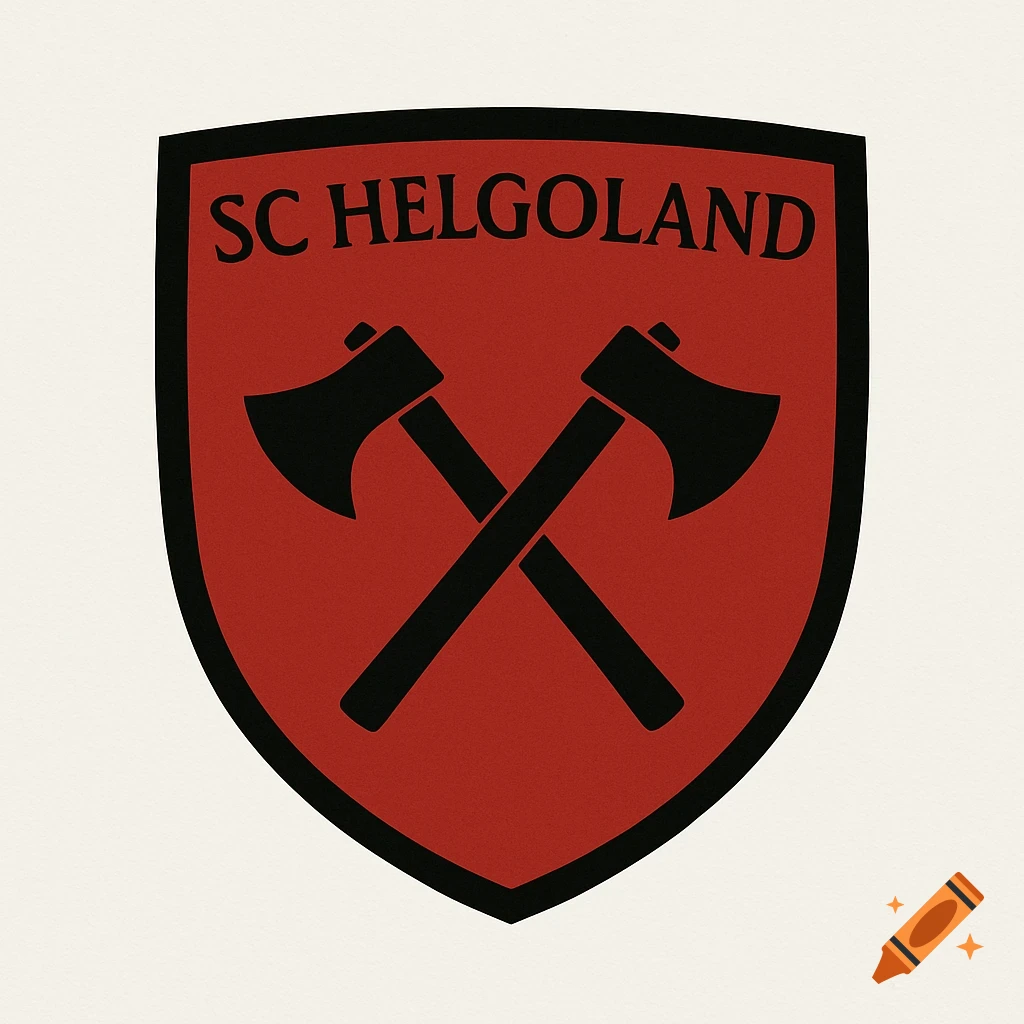 Red shield-shaped logo with a black border, featuring 'SC HELGOLAND' text and two crossed black Viking axes.
