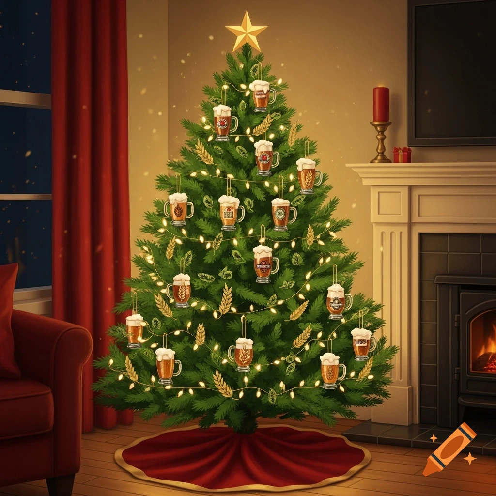 A cartoon-style Christmas tree decorated with string lights, wheat stalks, and numerous ornaments shaped like small mugs of frothy beer, topped with a golden star. The tree stands in a festive room with a fireplace and an armchair.