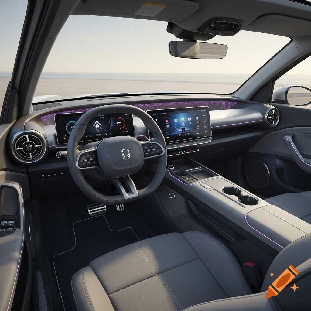 A modern car interior featuring a steering wheel with a generic logo, multiple digital screens, and a sleek center console, with a view of a flat landscape through the windshield.