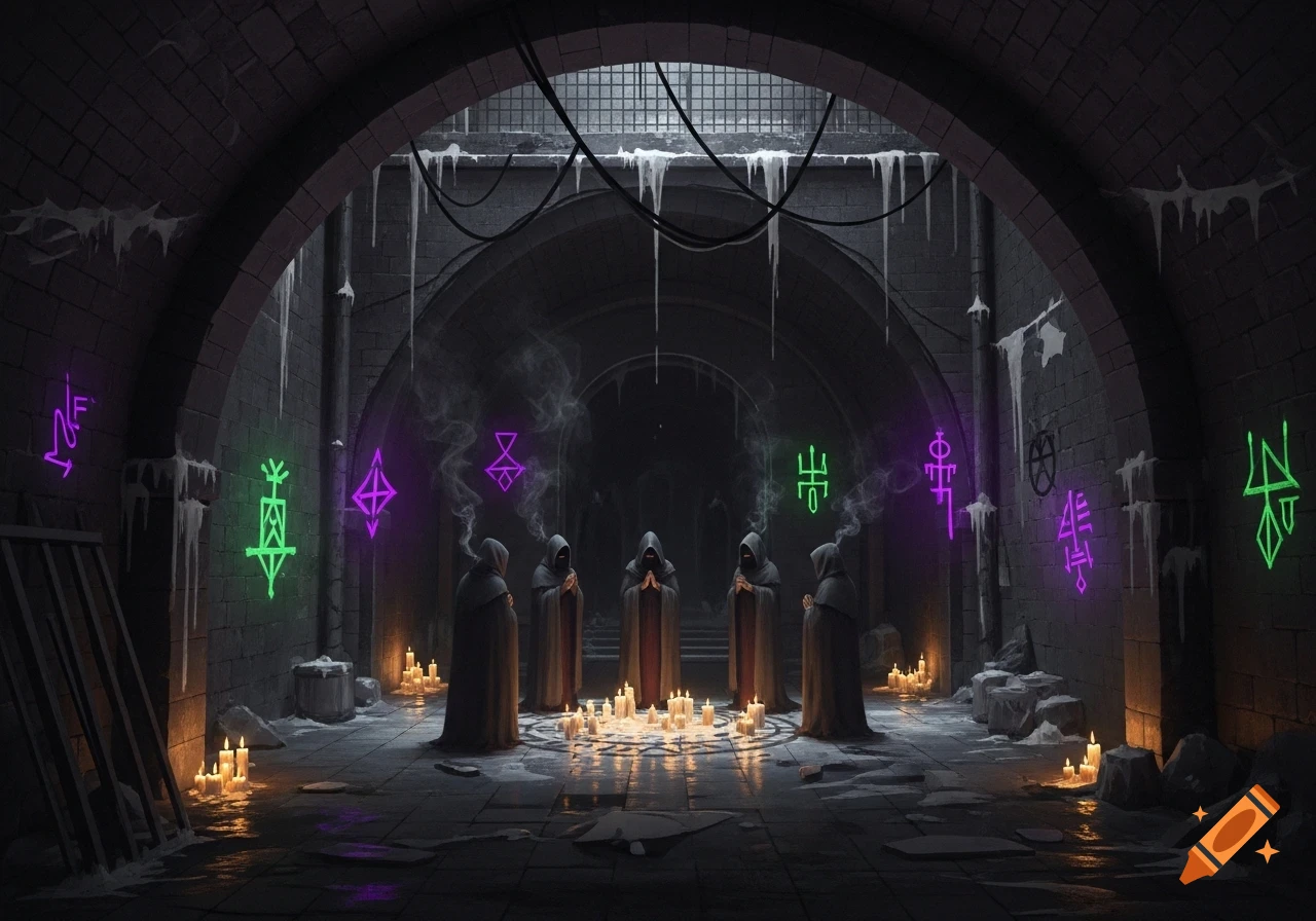Hooded figures gather in a dimly lit, icy tunnel for a ritual, surrounded by candles and glowing arcane symbols on the walls.