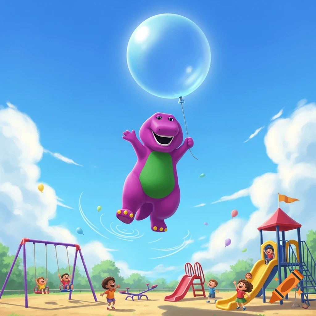 Cartoon Barney the dinosaur floats high in a blue sky, holding a large blue balloon, over a colorful playground with children.