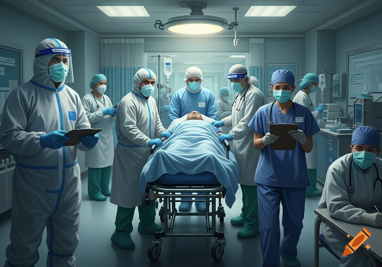 Photorealistic image of medical professionals in masks and protective gear surrounding a patient on a stretcher in a hospital.