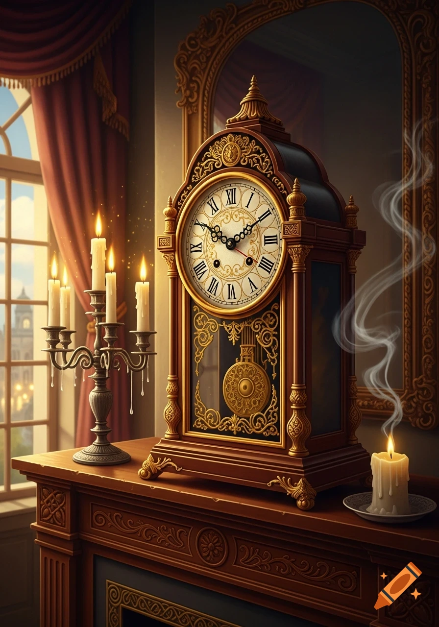 An ornate wooden table clock with Roman numerals, a lit candelabra, and a smoking candle on a mantelpiece in a room with red curtains.