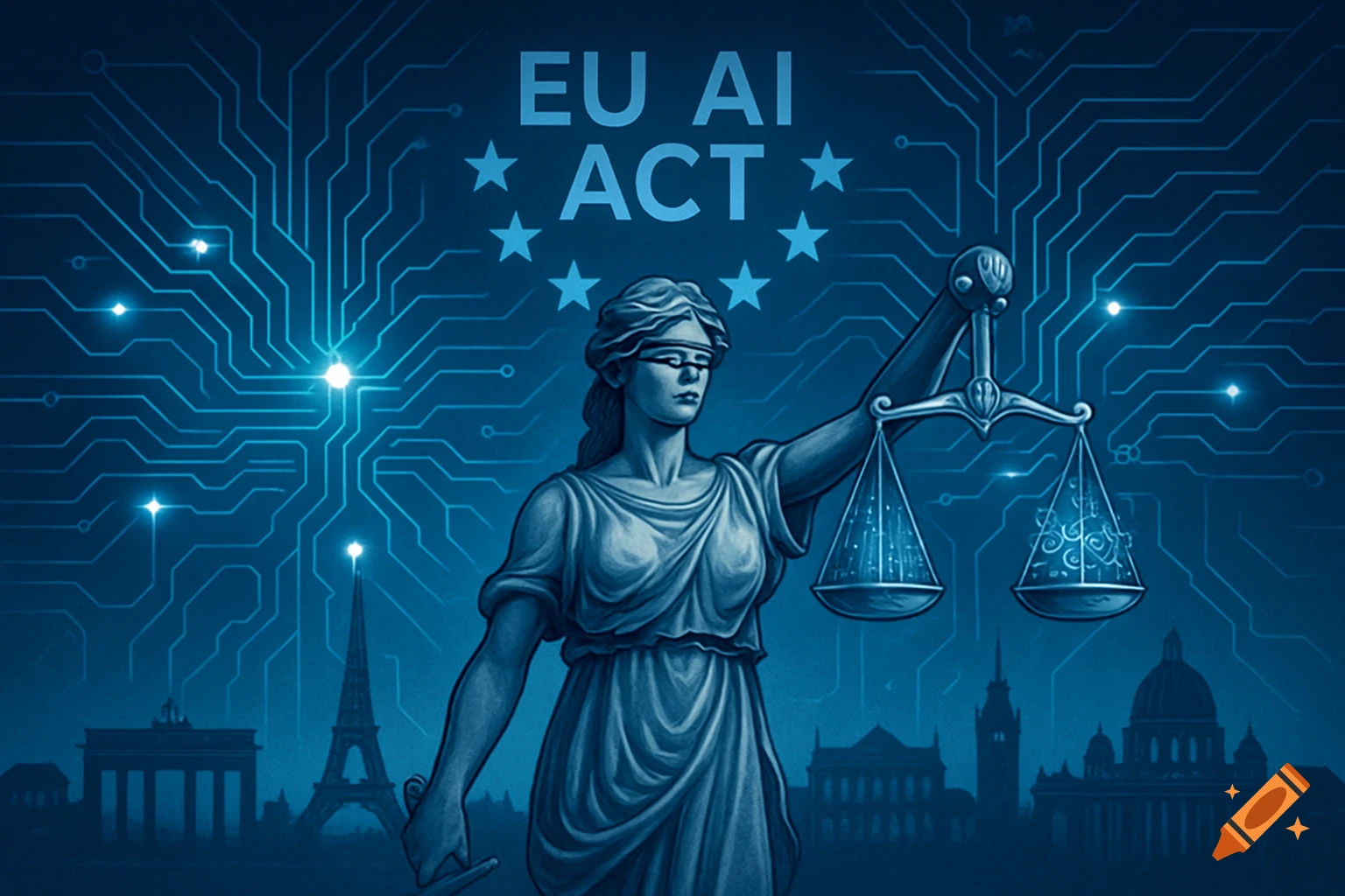 A blue stylized image featuring Lady Justice, EU AI ACT text, EU stars, circuit board patterns, and European landmarks in the background.