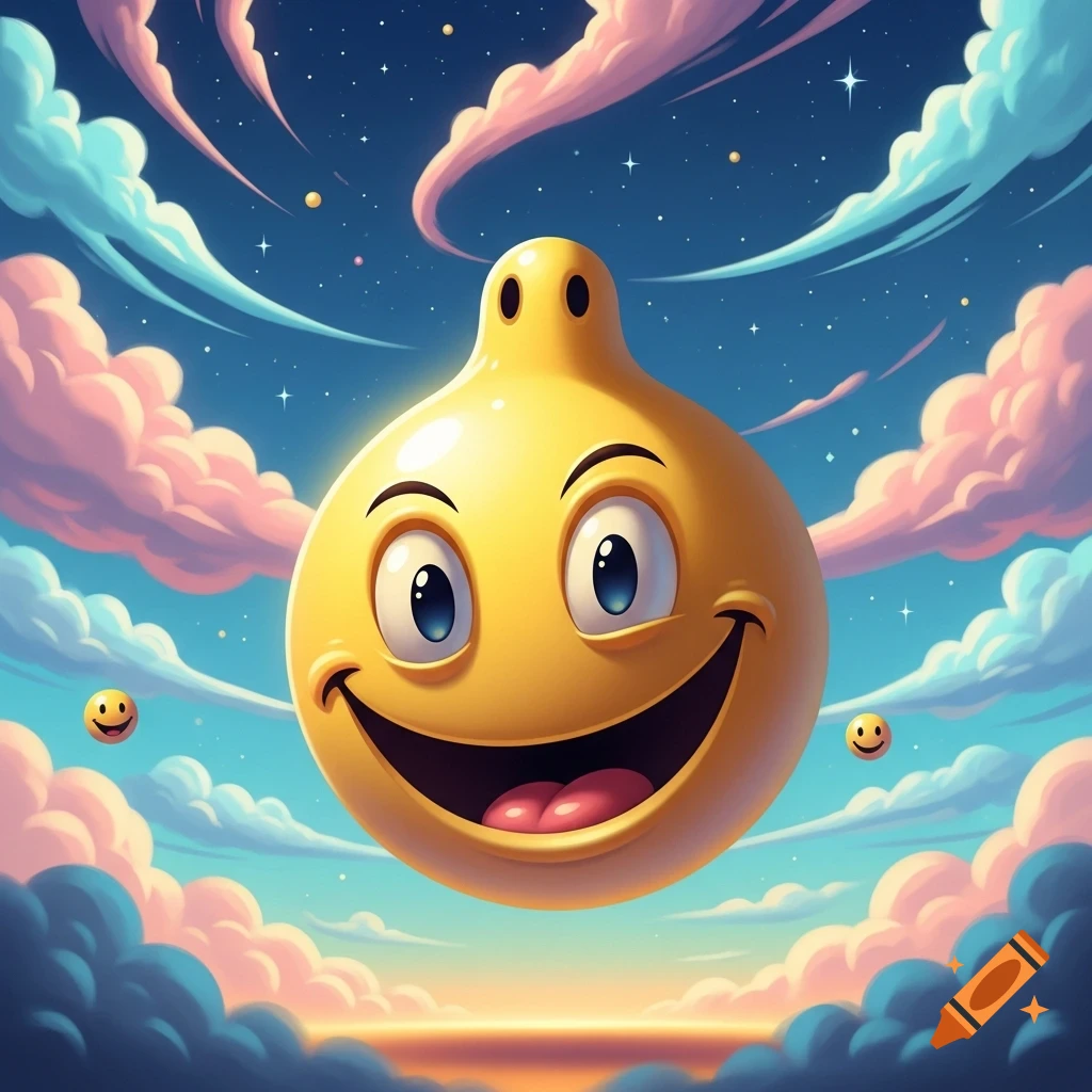 A cartoon yellow smiley face with two holes on top floats in a vibrant sky filled with pink and blue clouds and stars.
