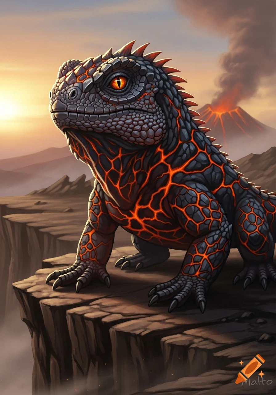 A stylized illustration of a black, rocky lizard with glowing orange lava veins and eyes, on a cliff overlooking a volcanic landscape at sunset.