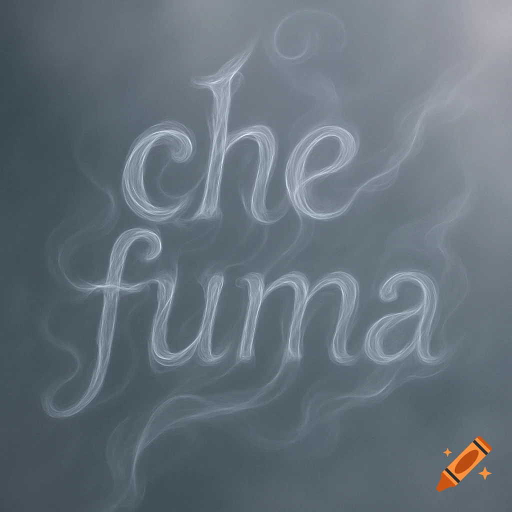 The Italian words "che fuma" (which smokes) written in ethereal white smoke against a dark gray background.