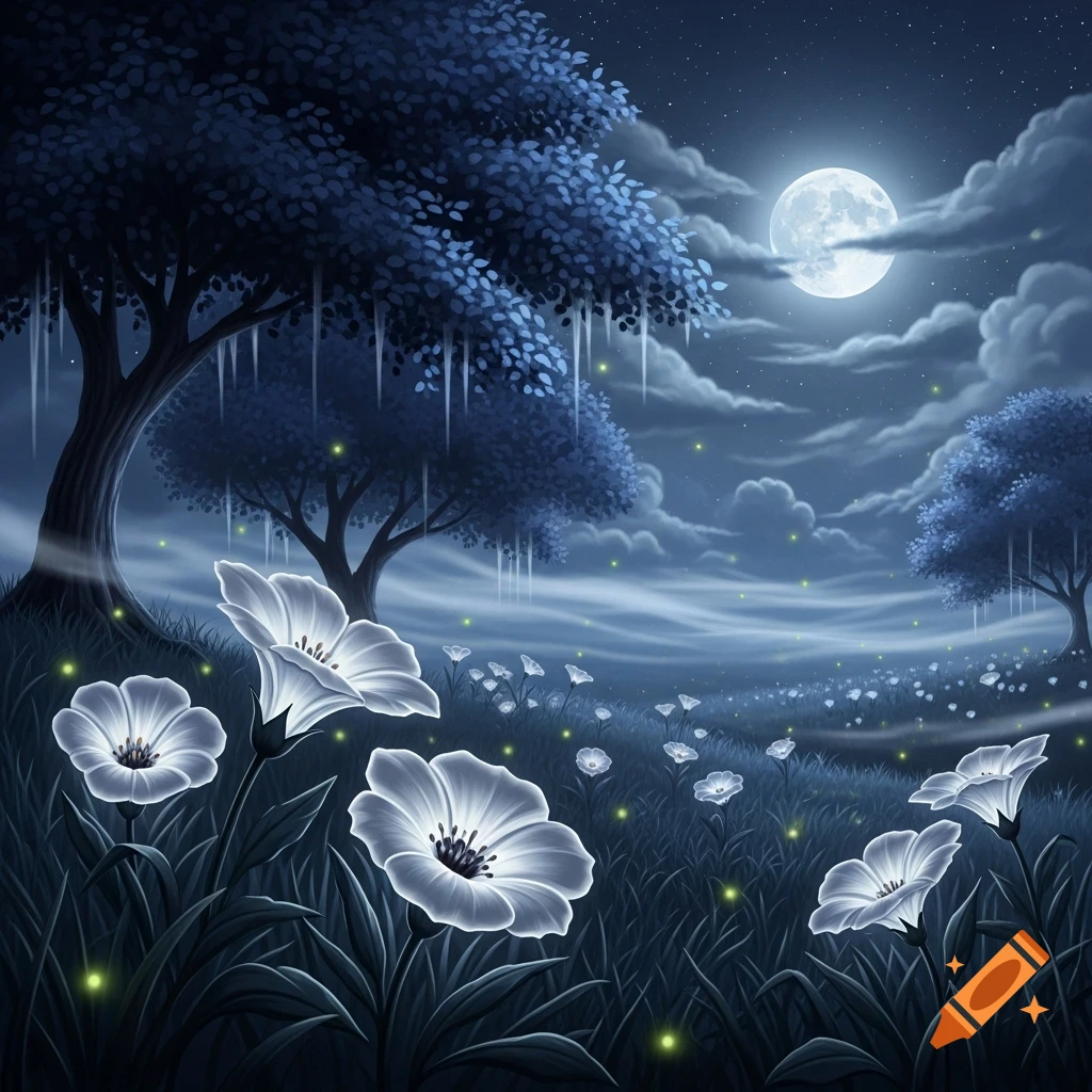 A fantasy night landscape with glowing white flowers in the foreground ...