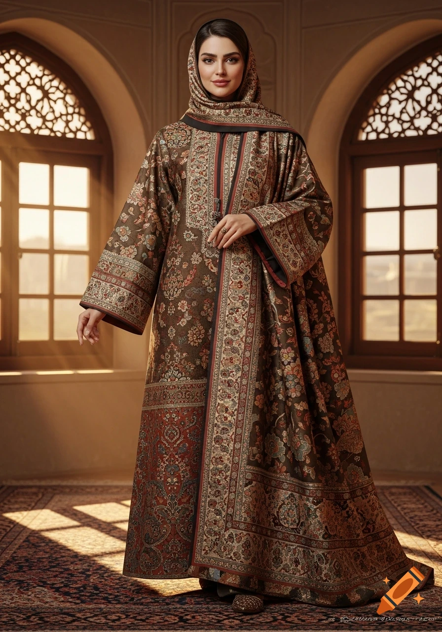 A woman in a richly patterned traditional Iranian outfit and headscarf stands in a room with ornate windows and a carpet.