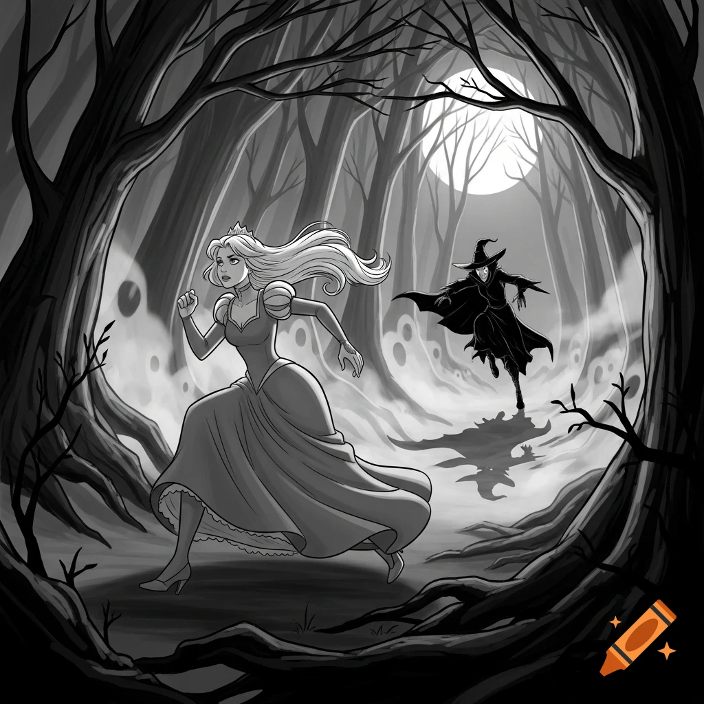 Black and white cartoon of a frightened princess running through a dark forest, chased by a wicked witch under a full moon.