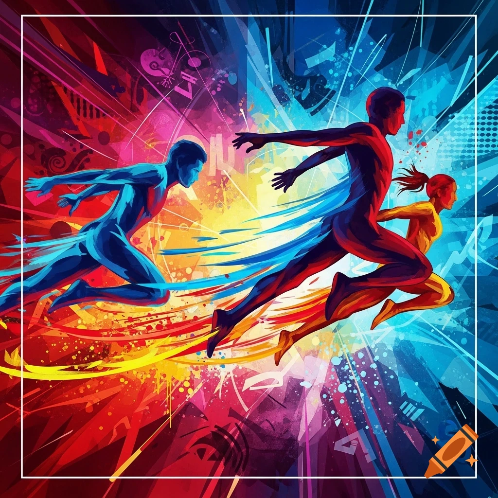 Stylized abstract art of three athletes in motion, rendered in vibrant red, blue, and yellow against an explosive, colorful background.