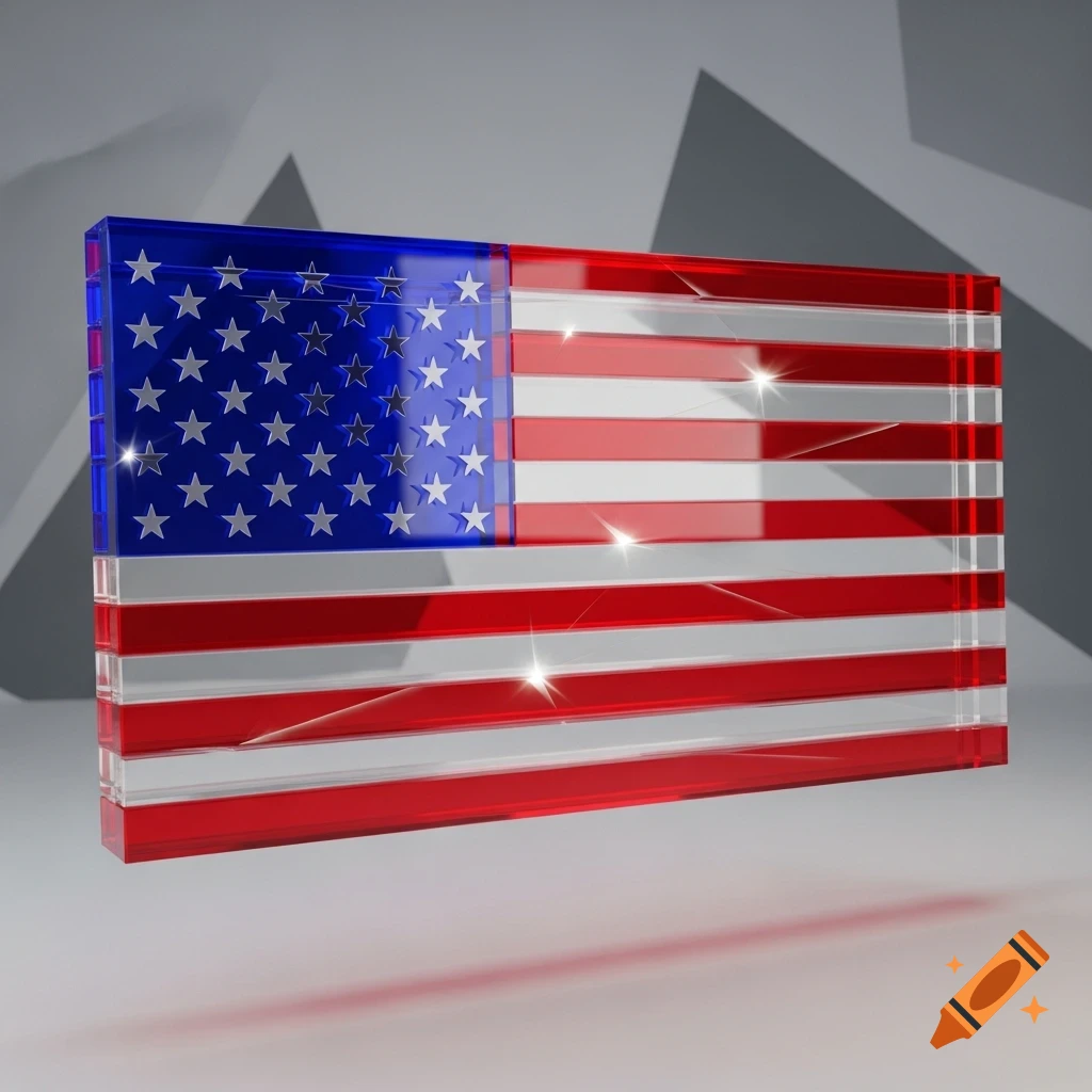 A 3D render of the United States flag made of clear glass with red and blue sections, reflecting light.