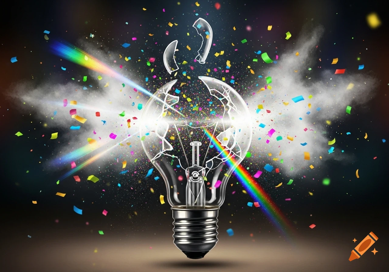 A lightbulb explodes, scattering colorful confetti and bright rainbow light against a dark background.
