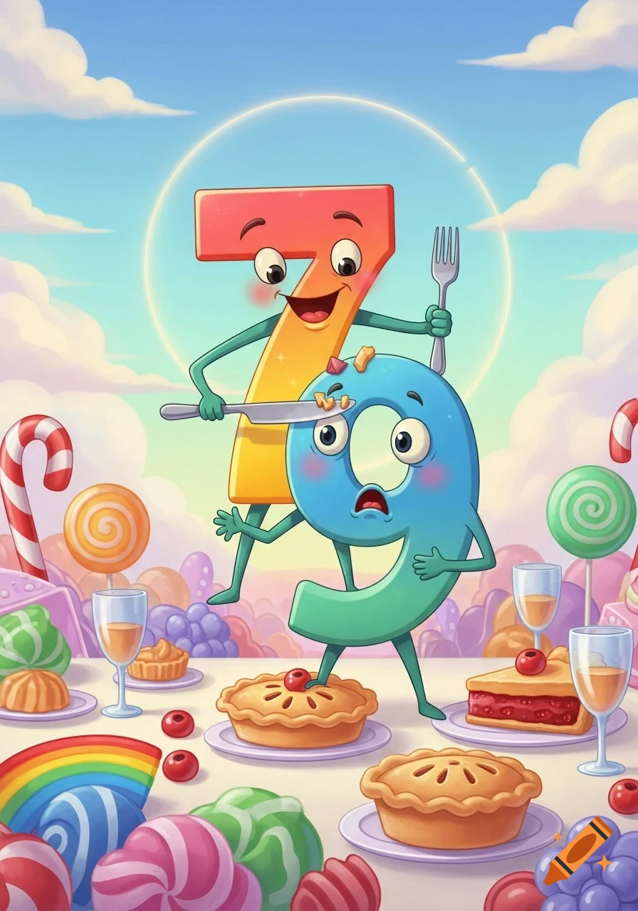Cartoon of anthropomorphic number 7 with a knife and fork about to cut a scared number 9, set in a whimsical candy land.