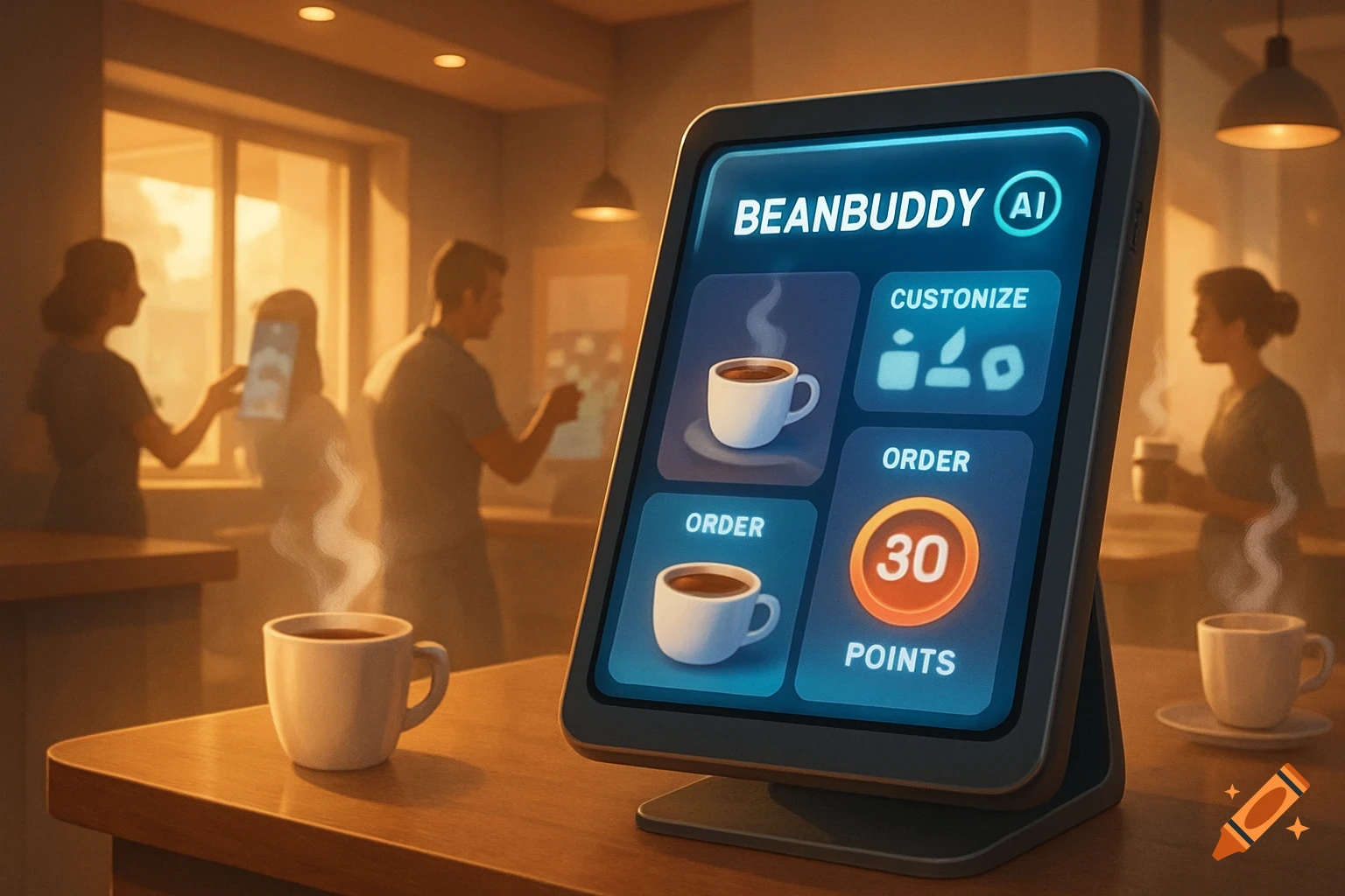 A digital tablet displaying the 'BeanBuddy AI' coffee ordering app on a cafe counter with a steaming coffee cup, blurred patrons in the background.