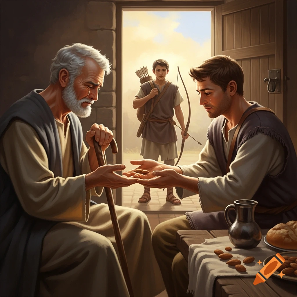 An old, grey-bearded man accepts almonds from a younger man across a table, while a young hunter with a bow stands in a distant doorway, in a dramatic biblical scene.