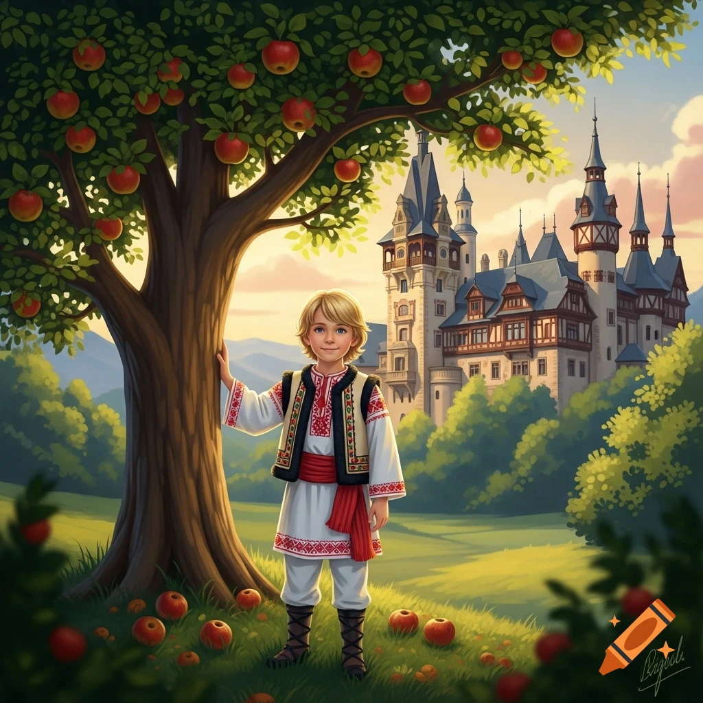 Blond boy in Romanian traditional clothes by an apple tree with a castle background, illustrated fairytale style.
