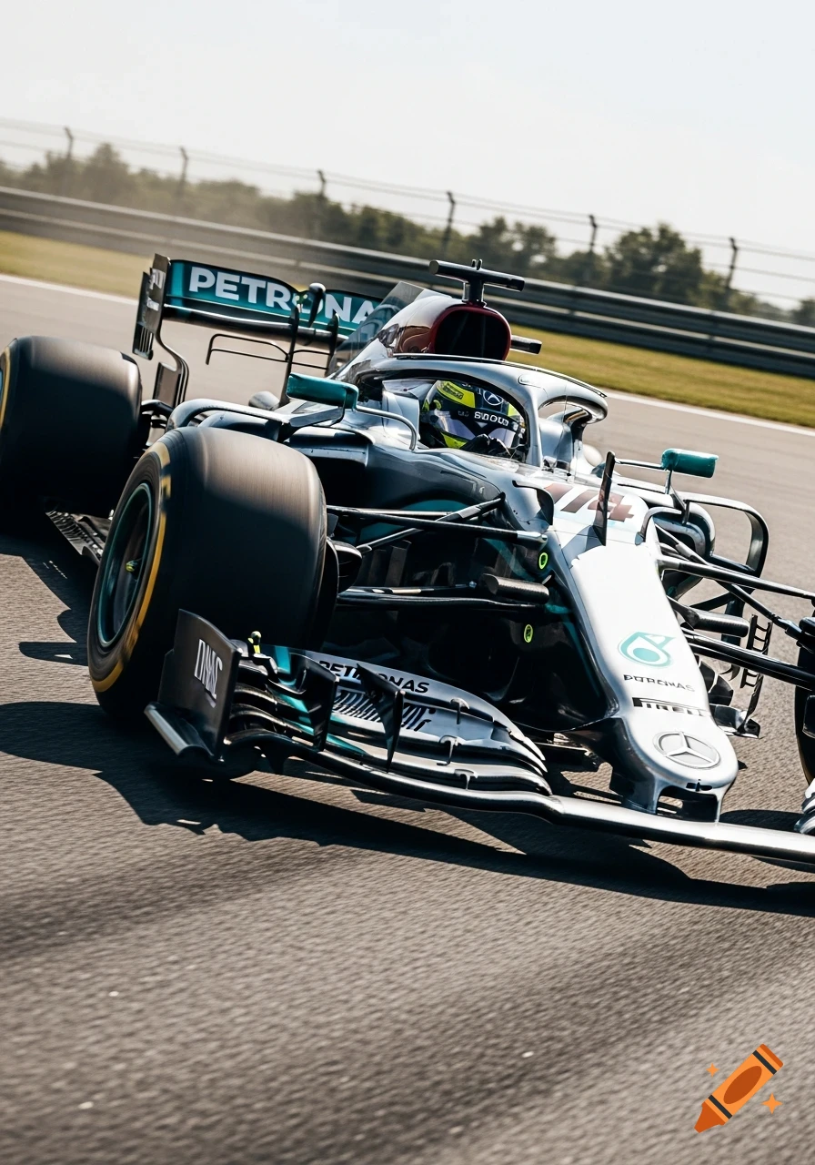A photorealistic image of a silver and teal Mercedes F1 car speeding on a race track under a clear sky.