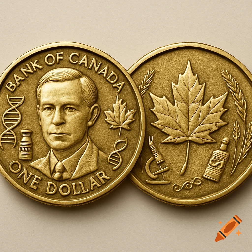 Gold Canadian coin with Dr. Charles Best portrait, DNA, insulin vial, maple leaf. Text: 'BANK OF CANADA - ONE DOLLAR'. Reverse shows maple leaf, wheat, microscope.