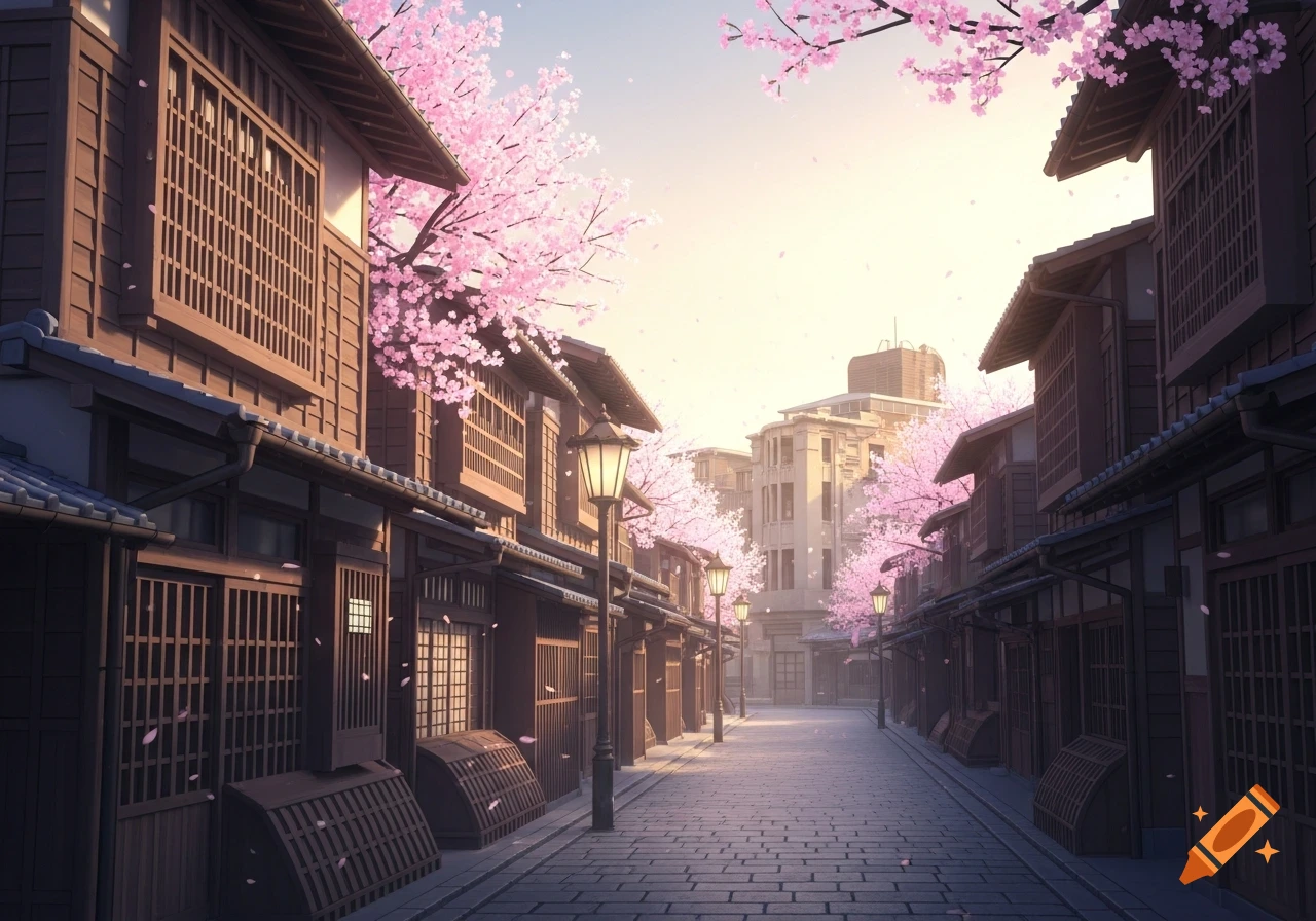 A serene, anime-style traditional Japanese street with wooden houses and falling pink cherry blossoms under a soft golden morning light.
