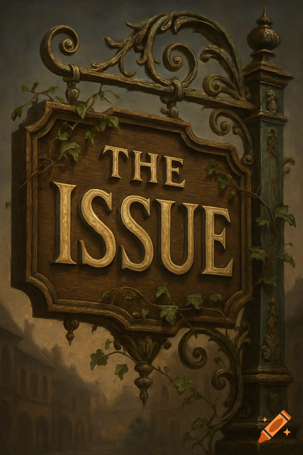 An ornate vintage wooden sign with golden raised letters spelling "THE ISSUE," decorated with ivy and a rustic iron frame, against a muted, painterly background.