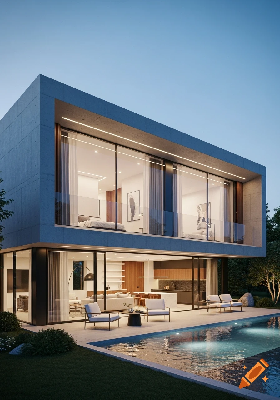 A luxurious modern two-story house with large glass windows, a swimming pool, and outdoor lounge chairs under a clear sky.