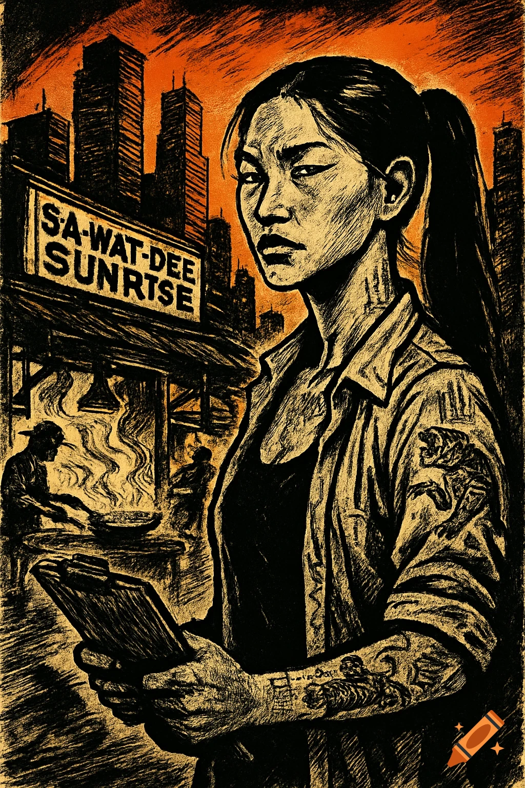 Graphic novel art of a woman with a ponytail and tattoos, holding a clipboard in front of a Sà-wàt-dee Sunrise food stall and city skyline at dawn.