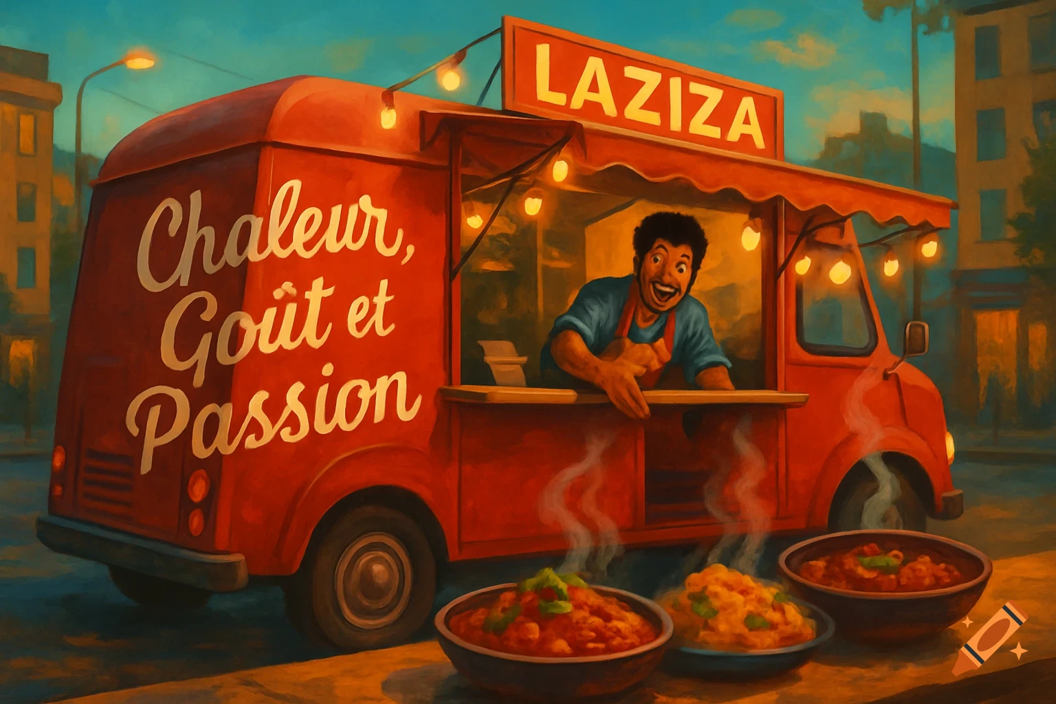 A red food truck named 'LAZIZA' with a smiling man serving steaming bowls of food. Text on truck: 'Chaleur, Goût et Passion'.