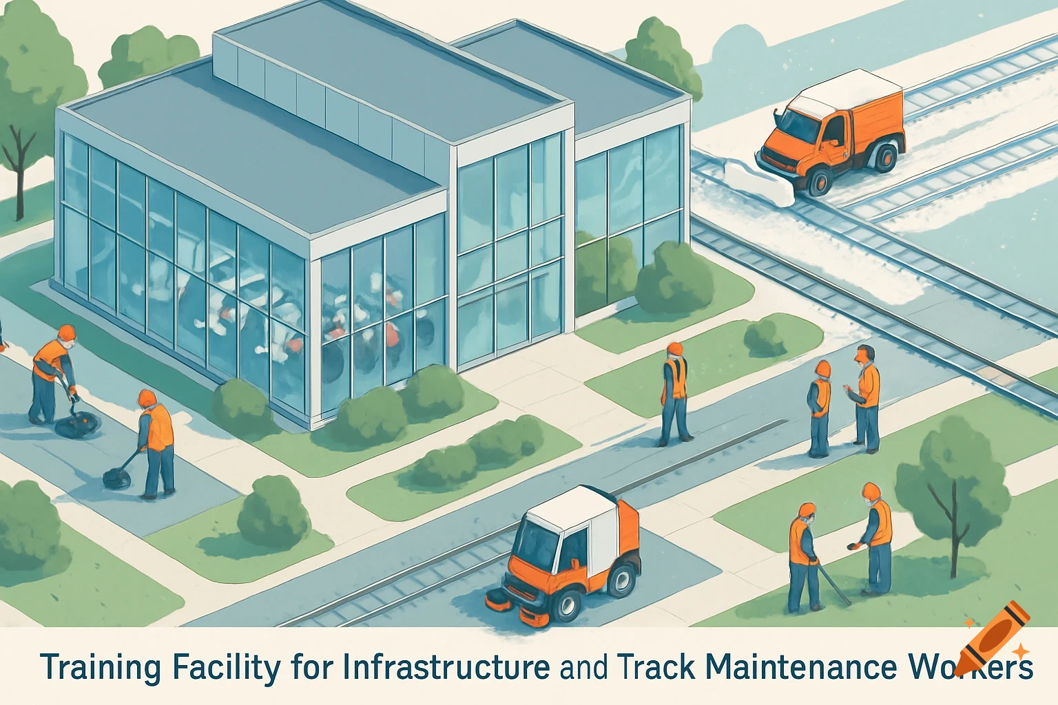 Isometric illustration of a training facility with a modern building, workers performing maintenance, and vehicles near train tracks.
