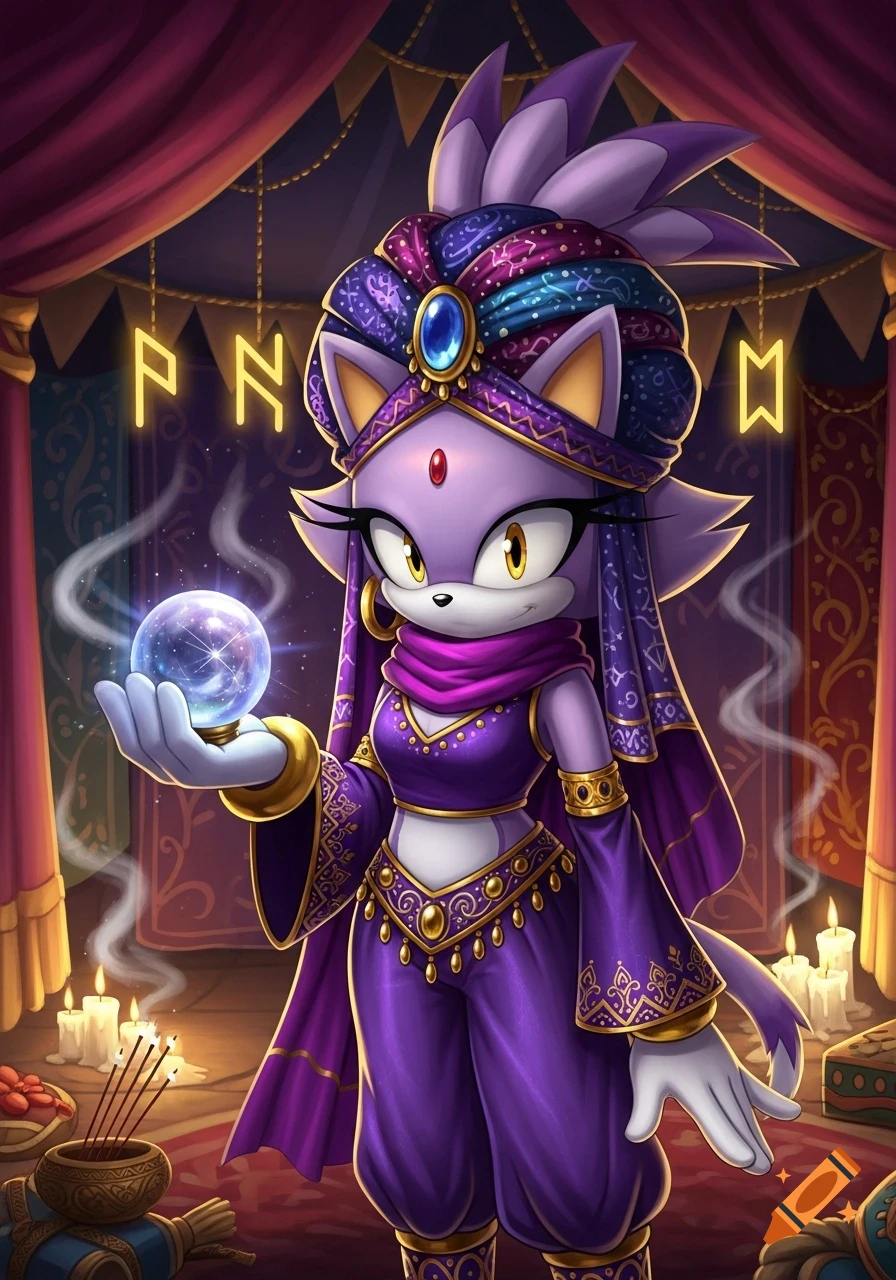 Blaze the Cat as a fortune teller, wearing a purple and gold turban and outfit, holding a glowing crystal ball in a mystical tent.