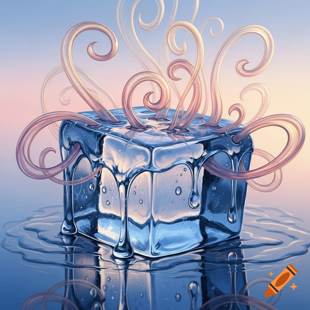 A glistening blue ice cube melts, dripping water onto a reflective surface, with stylized translucent tendrils of gas curling upwards.