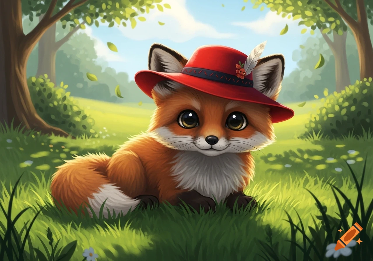 A cute, fluffy cartoon fox wearing a red hat with a feather, sitting in a sunny green forest.