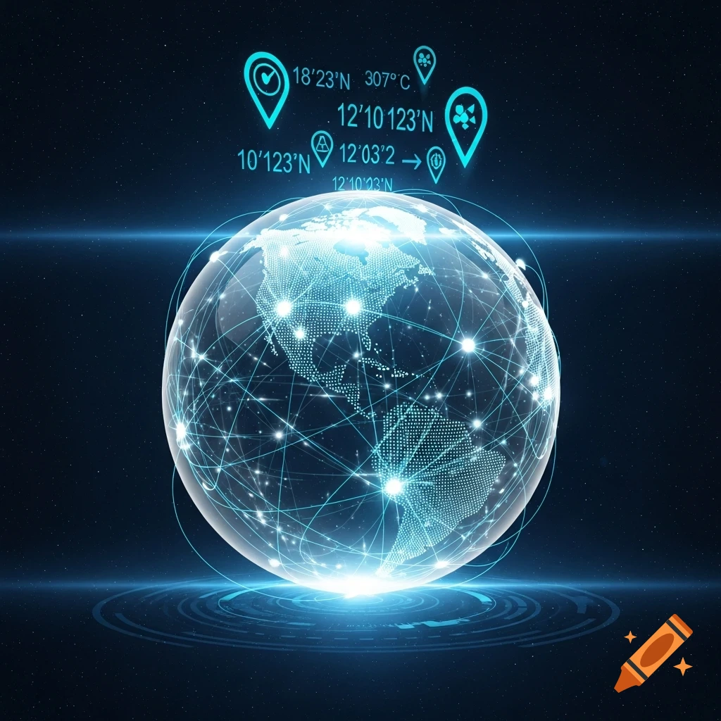 A glowing digital globe showing North and South America, surrounded by a network of light lines and location pins with data.