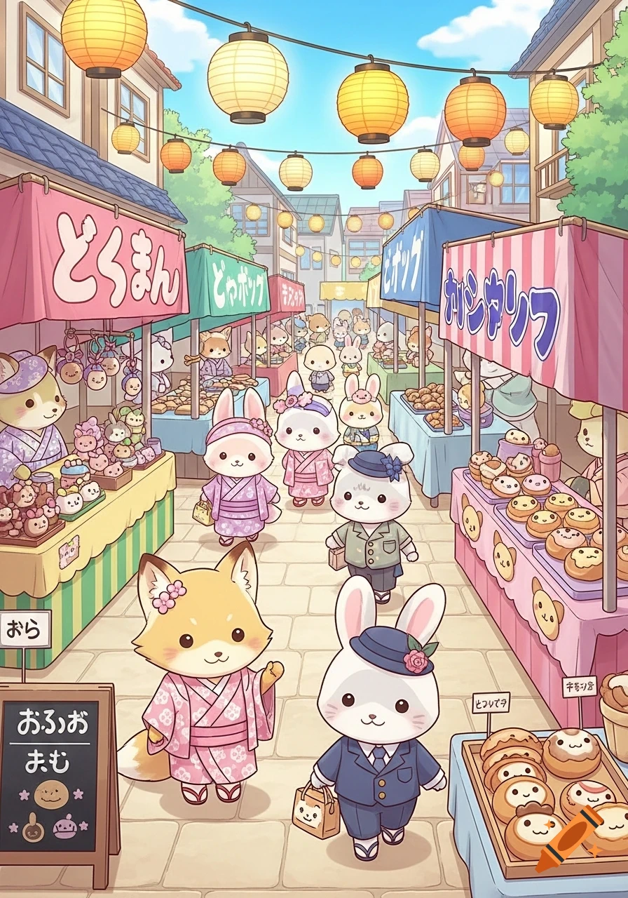 A colorful kawaii illustration of a bustling Japanese-style market street with anthropomorphic animals in traditional clothing browsing food and craft stalls under glowing lanterns.