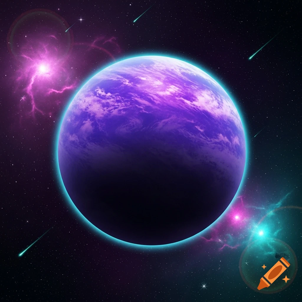 A vibrant purple planet with a turquoise glow, set against a starry cosmic background with pink and teal nebulae and shooting stars.