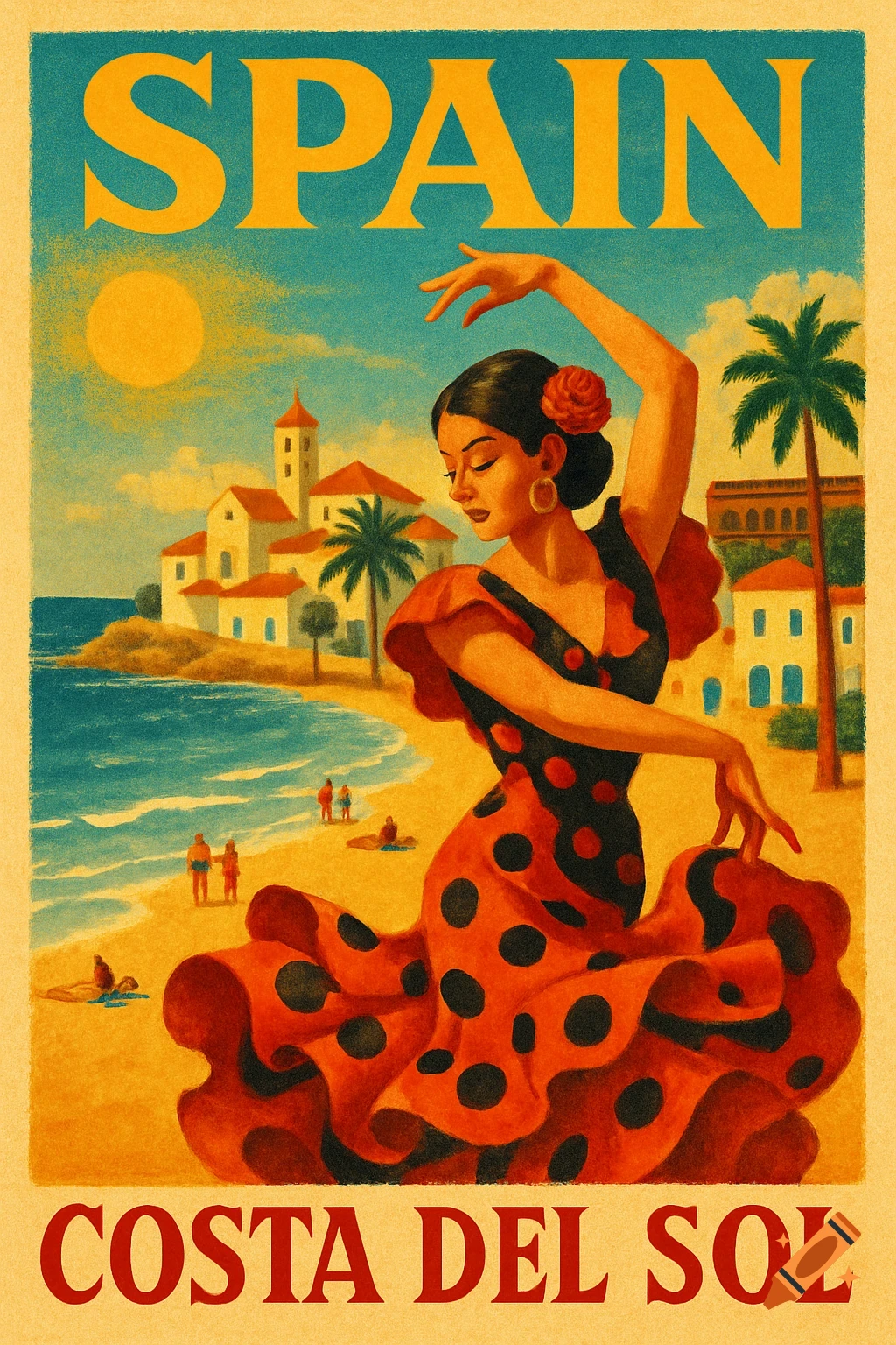 A vintage travel poster of a flamenco dancer on a sunny Spanish beach, with text "SPAIN" and "COSTA DEL SOL".