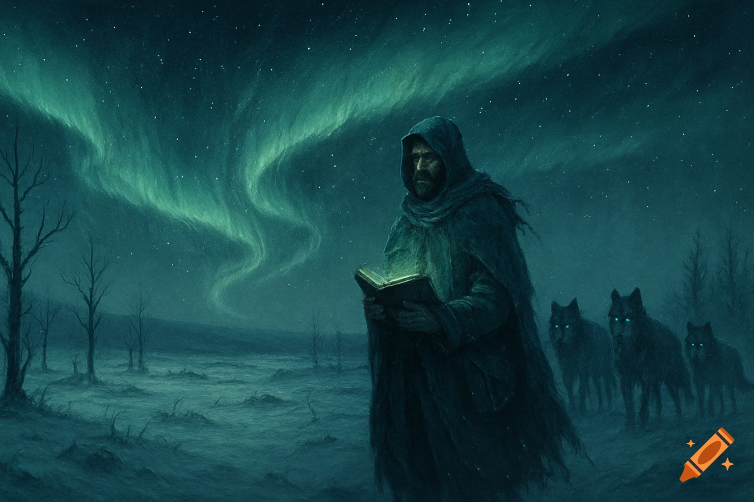 A hooded figure reads a glowing book in a snowy landscape with aurora borealis, accompanied by three dark wolves with glowing eyes.