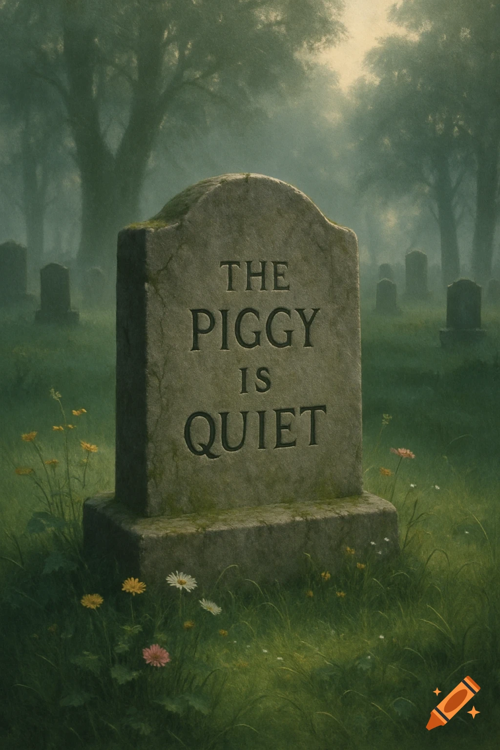 A misty graveyard scene with a moss-covered tombstone reading 'THE PIGGY IS QUIET' amidst grass and wildflowers.