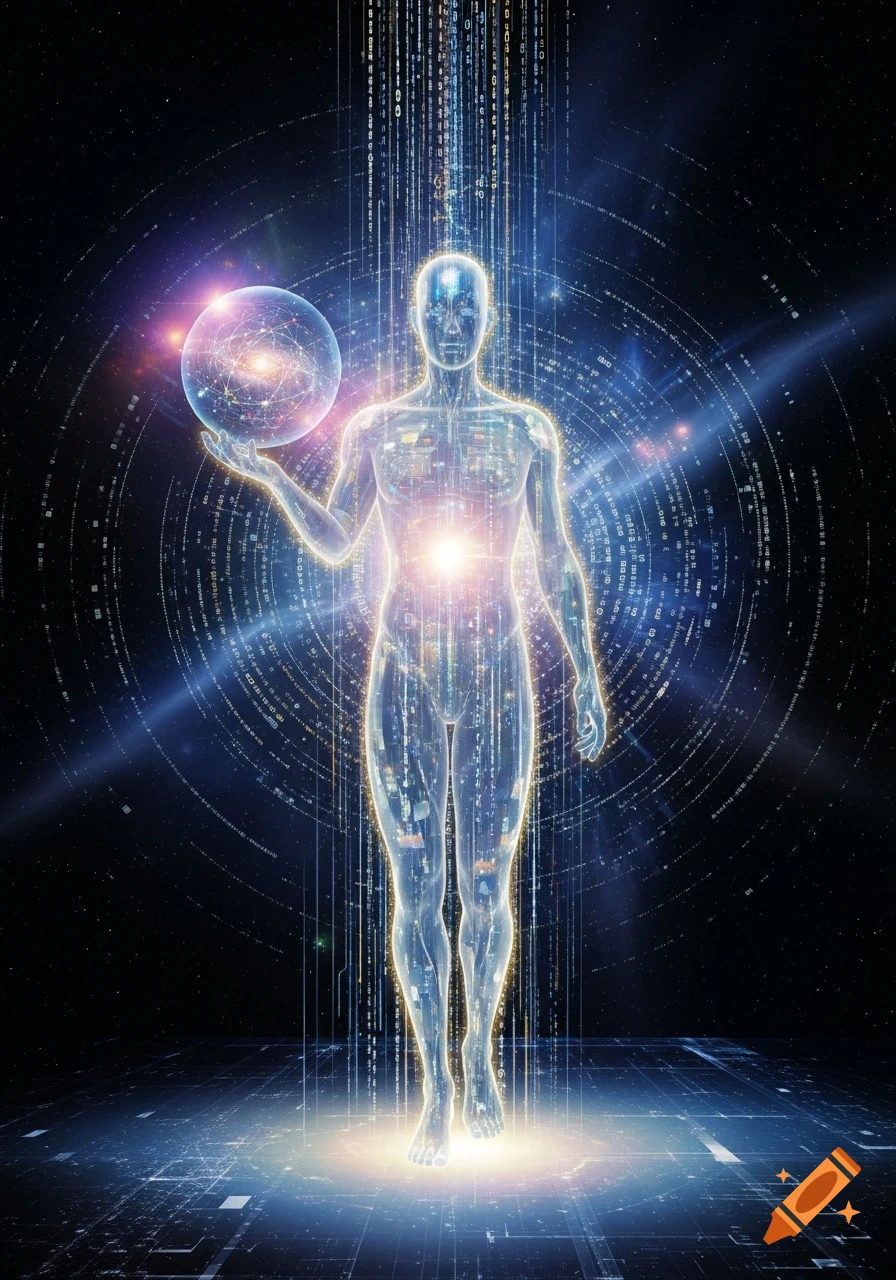 A glowing, translucent human-like figure holding a swirling galaxy orb amidst a futuristic digital background of binary code.