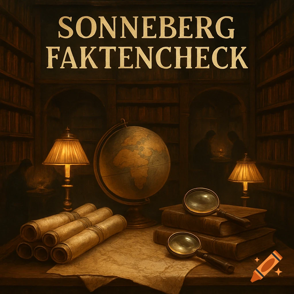 A painting of a dimly lit study with a globe, scrolls, books, and magnifying glasses on a desk. 'Sonneberg Faktencheck' text appears above.
