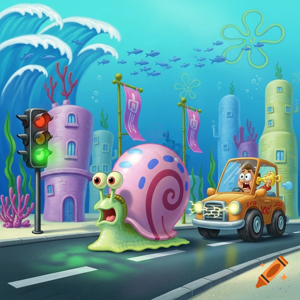 Gary the Snail looks surprised on an underwater road at a green light, as a man in a small orange car honks behind him. Cartoon style.