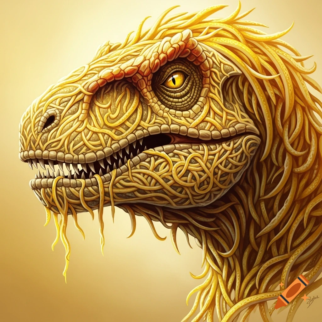 A detailed portrait of a raptor head, intricately formed from yellow, noodle-like strands against a soft yellow background.