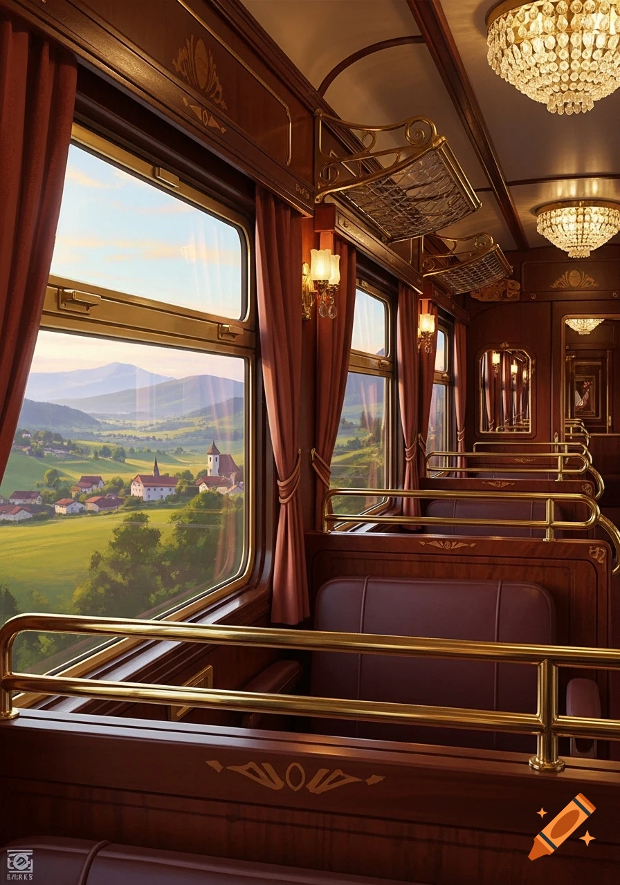 Luxurious vintage train interior with polished wood, brass, velvet seats, and windows showing a scenic European village and mountains.