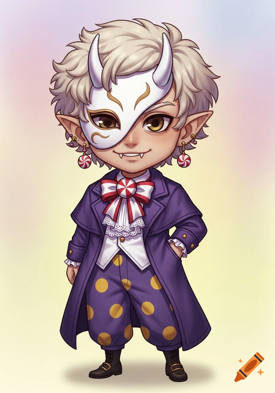 A chibi anime illustration of a character with fluffy blonde hair, a white horned mask, a purple coat, yellow polka dot pants, a peppermint bow tie, and elf ears.