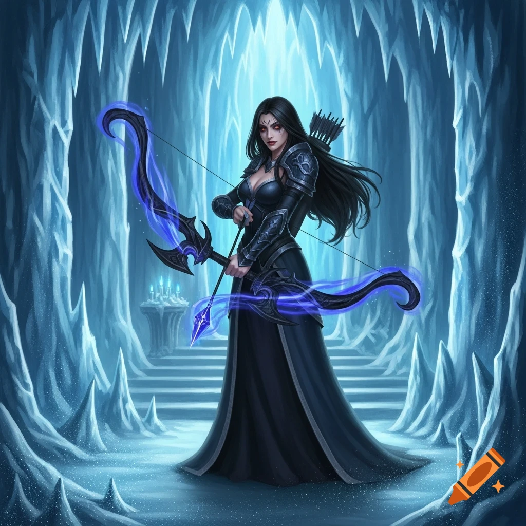 Dark-haired female archer in black armor with a glowing blue bow stands in an ice cave.